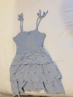 Sincerely Jules Baby Blue Smocked Tie-Shoulder Eyelet Tier Dress